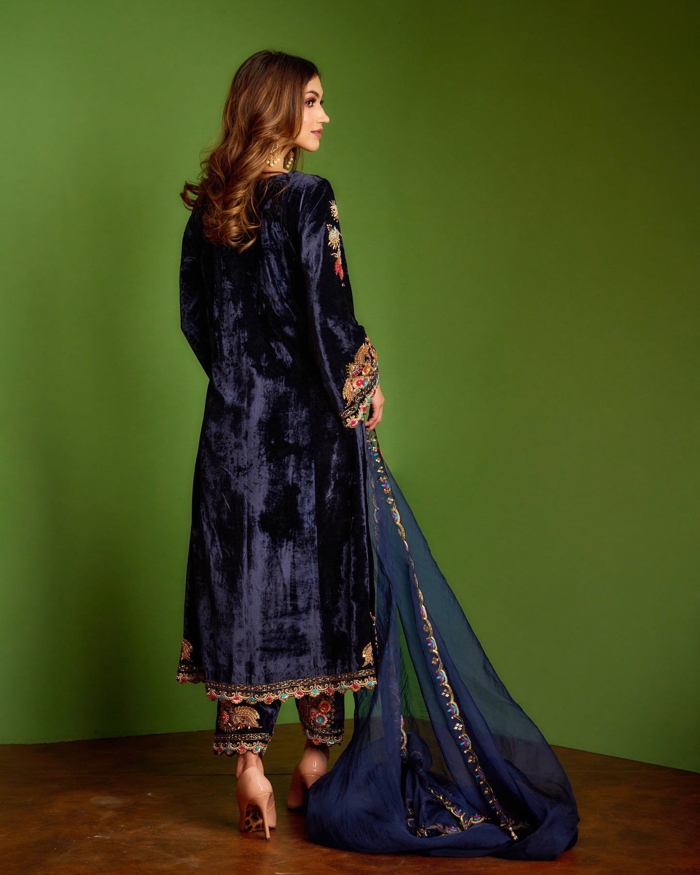 Royal blue velvet kurta set