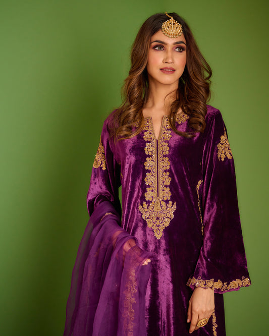 Purple velvet kurta set