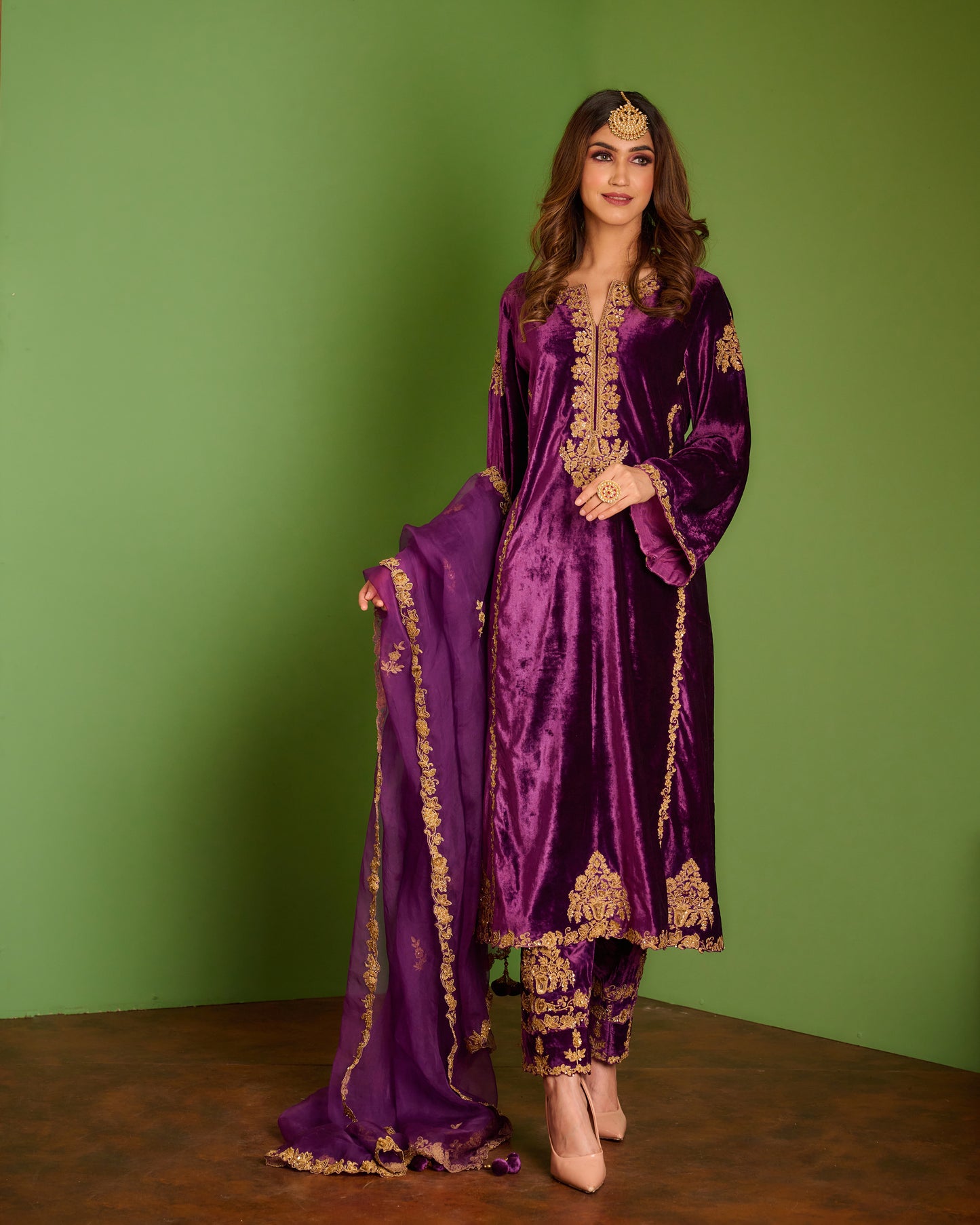 Purple velvet kurta set